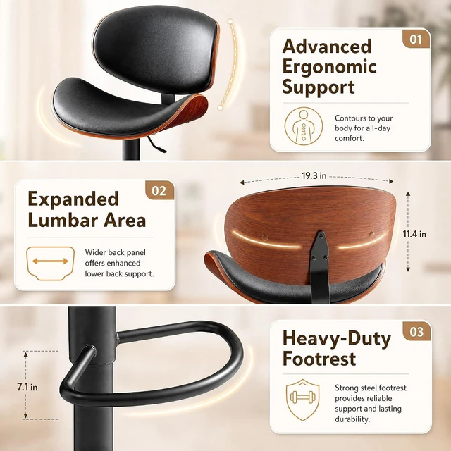 Alt view image 4 of 7 - Swivel Bar Stools Set of 2, Counter Height Bar Chairs w/PU Leather Back, Adjustable Height & Footrest, Modern Upholstered Barstools for Kitchen Island Dining Room Bar, Black
