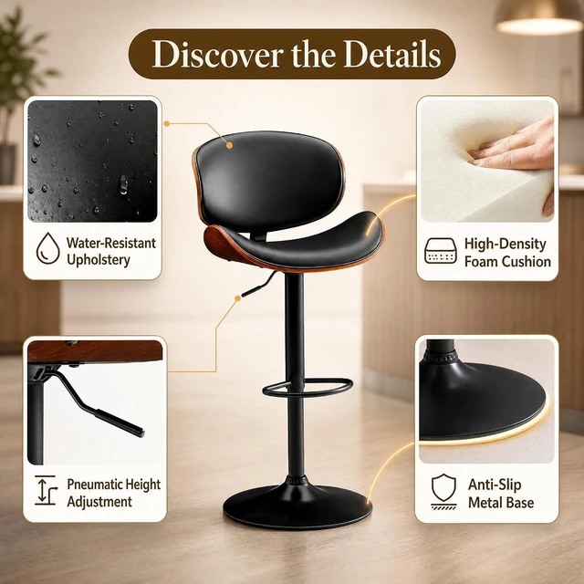 Alt view image 5 of 7 - Swivel Bar Stools Set of 2, Counter Height Bar Chairs w/PU Leather Back, Adjustable Height & Footrest, Modern Upholstered Barstools for Kitchen Island Dining Room Bar, Black