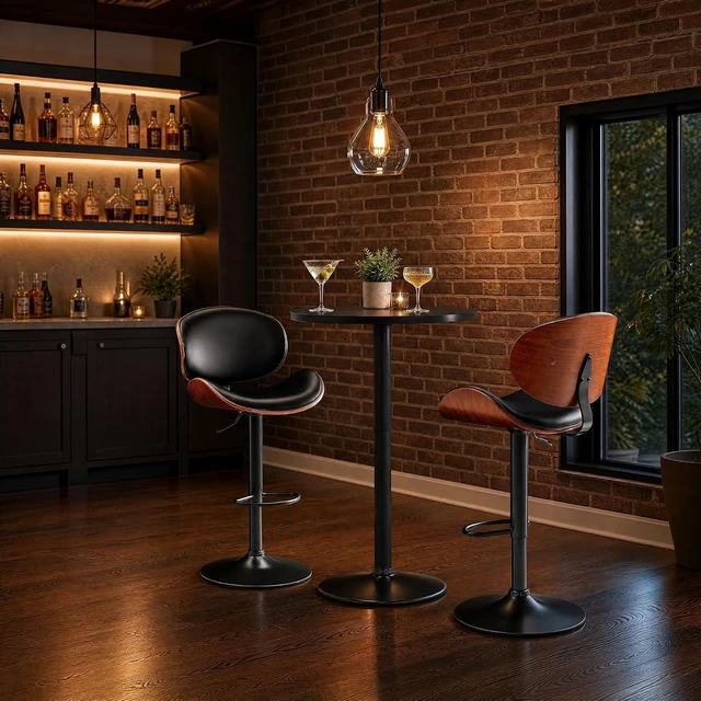 Alt view image 6 of 7 - Swivel Bar Stools Set of 2, Counter Height Bar Chairs w/PU Leather Back, Adjustable Height & Footrest, Modern Upholstered Barstools for Kitchen Island Dining Room Bar, Black