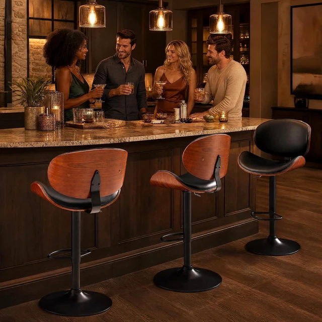 Alt view image 7 of 7 - Swivel Bar Stools Set of 2, Counter Height Bar Chairs w/PU Leather Back, Adjustable Height & Footrest, Modern Upholstered Barstools for Kitchen Island Dining Room Bar, Black