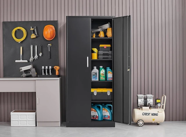 Alt view image 2 of 7 - Metal Storage Cabinet with Adjustable Shelves, Garage Storage Cabinets with Doors and Shelves, File Cabinets for Home Office, Kitchen Pantry Cabinet, 71'H, Black