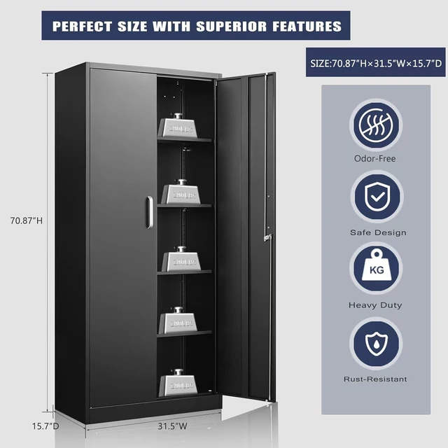Alt view image 3 of 7 - Metal Storage Cabinet with Adjustable Shelves, Garage Storage Cabinets with Doors and Shelves, File Cabinets for Home Office, Kitchen Pantry Cabinet, 71'H, Black