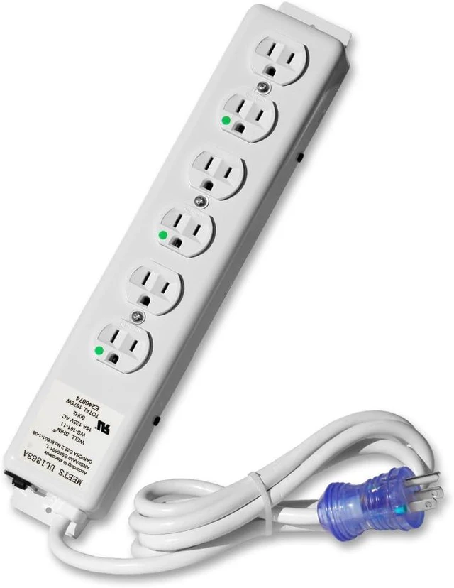 Main image of 6 Outlet Hospital Grade Power Strip - 15ft Cord - Medical Use UL 1363A Compliant-Tamper Resistant Outlets