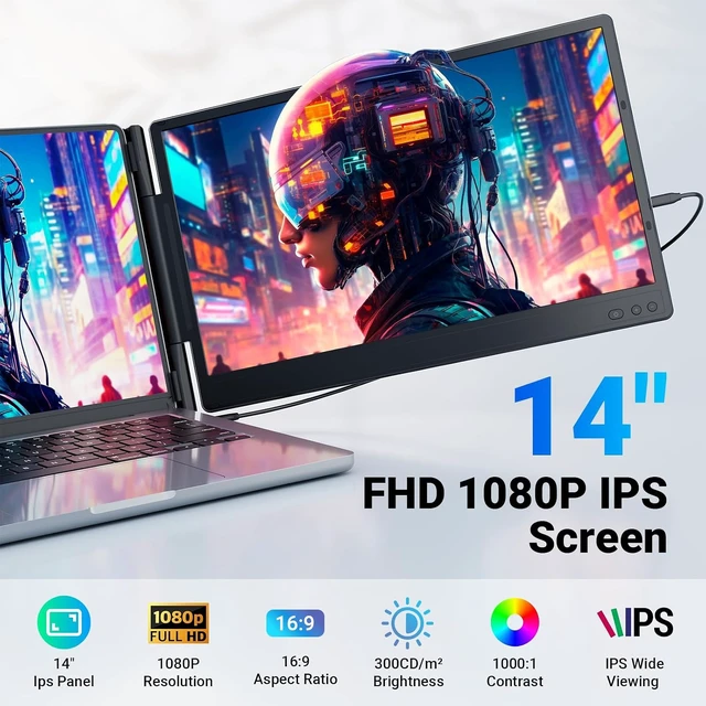 Alt view image 2 of 7 - Laptop Screen Extender, 14" Triple Portable Monitor for Laptop, 1080P FHD IPS Screen Extender Monitors for 13"-17", Travel Monitor for Mac/Windows/Chrome, Built-in Speakers