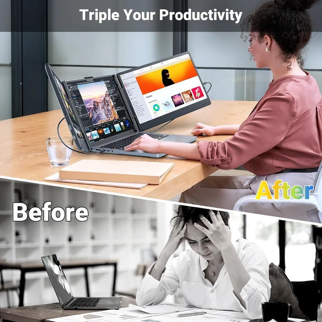 Alt view image 3 of 7 - Laptop Screen Extender, 14" Triple Portable Monitor for Laptop, 1080P FHD IPS Screen Extender Monitors for 13"-17", Travel Monitor for Mac/Windows/Chrome, Built-in Speakers
