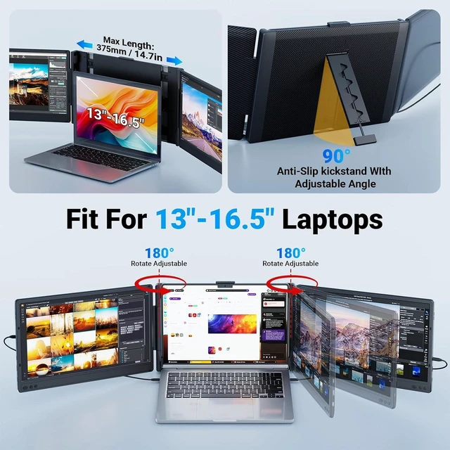 Alt view image 6 of 7 - Laptop Screen Extender, 14" Triple Portable Monitor for Laptop, 1080P FHD IPS Screen Extender Monitors for 13"-17", Travel Monitor for Mac/Windows/Chrome, Built-in Speakers