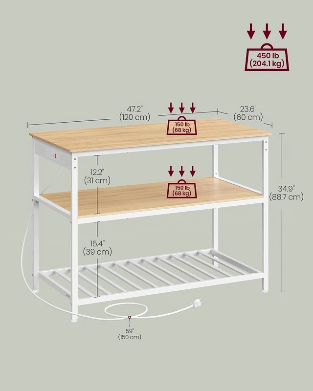Alt view image 3 of 6 - Kitchen Island with 3 Shelves, Storage Cabinet, Steel Structure
