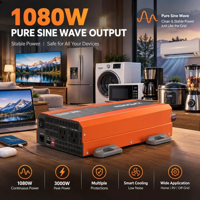 Alt view image 2 of 7 - 1080W Pure Sine Wave Power Inverter 12V to 110/120V50/60HZ93% Efficiency