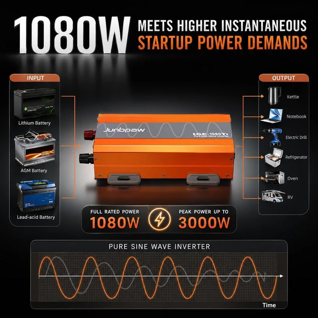 Alt view image 4 of 7 - 1080W Pure Sine Wave Power Inverter 12V to 110/120V50/60HZ93% Efficiency