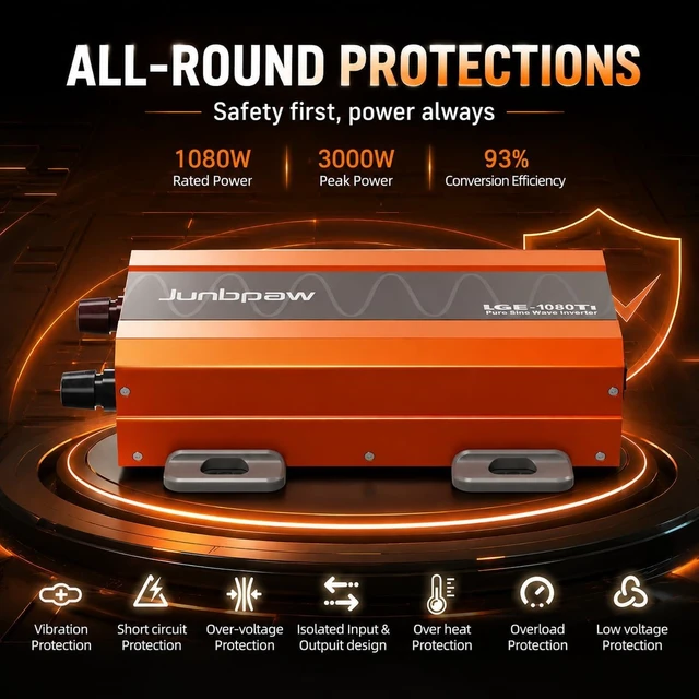 Alt view image 6 of 7 - 1080W Pure Sine Wave Power Inverter 12V to 110/120V50/60HZ93% Efficiency