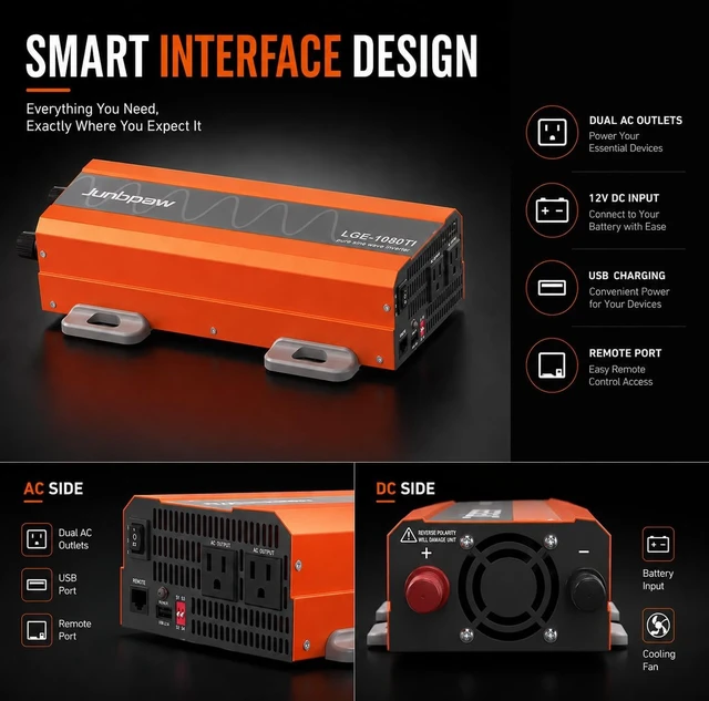 Alt view image 7 of 7 - 1080W Pure Sine Wave Power Inverter 12V to 110/120V50/60HZ93% Efficiency