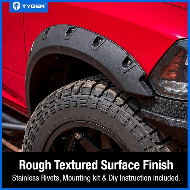 Alt view image 2 of 7 - Fender Flare Compatible with 2009-2018 Dodge Ram 1500; 2019-2024 Classic (Not fit R/T Rebel Warlock), Rough Textured Black Bolt-Riveted Style 4pc