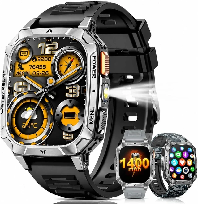 Main image of Smart Watches for Men, 1400mAh Military Smart Watch with LED Flashlight, 2.01" Fitness Tracker, Bluetooth Call, 100+ Sports, Heart Rate SpO2 Sleep, IP68, Smart Watch for Android Phones & iPhone