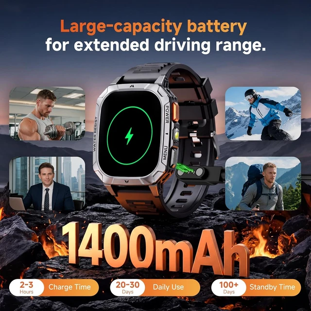 Alt view image 2 of 7 - Smart Watches for Men, 1400mAh Military Smart Watch with LED Flashlight, 2.01" Fitness Tracker, Bluetooth Call, 100+ Sports, Heart Rate SpO2 Sleep, IP68, Smart Watch for Android Phones & iPhone