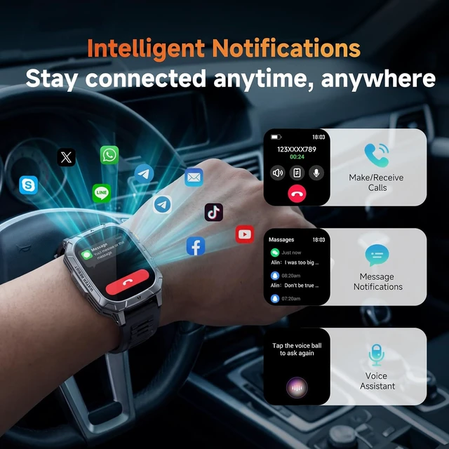 Alt view image 3 of 7 - Smart Watches for Men, 1400mAh Military Smart Watch with LED Flashlight, 2.01" Fitness Tracker, Bluetooth Call, 100+ Sports, Heart Rate SpO2 Sleep, IP68, Smart Watch for Android Phones & iPhone