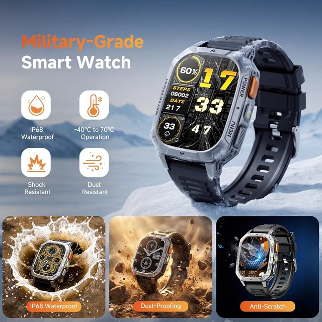 Alt view image 5 of 7 - Smart Watches for Men, 1400mAh Military Smart Watch with LED Flashlight, 2.01" Fitness Tracker, Bluetooth Call, 100+ Sports, Heart Rate SpO2 Sleep, IP68, Smart Watch for Android Phones & iPhone