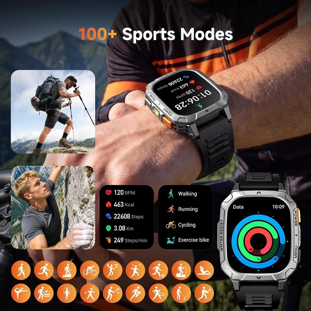 Alt view image 6 of 7 - Smart Watches for Men, 1400mAh Military Smart Watch with LED Flashlight, 2.01" Fitness Tracker, Bluetooth Call, 100+ Sports, Heart Rate SpO2 Sleep, IP68, Smart Watch for Android Phones & iPhone
