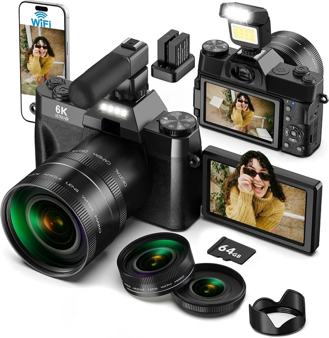 Main image of 6K WiFi Flip Screen Digital Camera, Mic & Fill Light for Photography