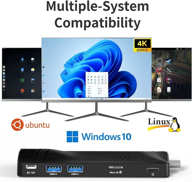 Alt view image 7 of 7 - Fanless Mini PC Stick Win 10, Micro Desktop Computer Stick Celeron J3455 4GB 64GB eMMC (1.5 GHz), Small PC USB3.0 X 2 Gigabit Ethernet 4K 60Hz