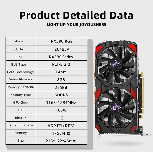 Alt view image 2 of 7 - AISURIX RX 580 8GB GDDR5 Graphics Card 2*HDMI/1*DP Gaming GPU