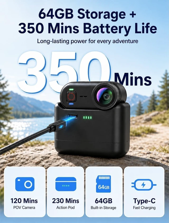 Alt view image 5 of 7 - 4K Waterproof Mini Action Camera, 64GB WiFi POV Video Wearable Body Camera