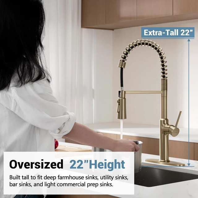 Alt view image 2 of 7 - 22 Extra-Tall Brushed Gold Kitchen Sink Faucets, Commercial High Arc Single Handle Kitchen Faucets for Pull Down Sprayer Farmhouse Spring with Deck Plate 22 inch