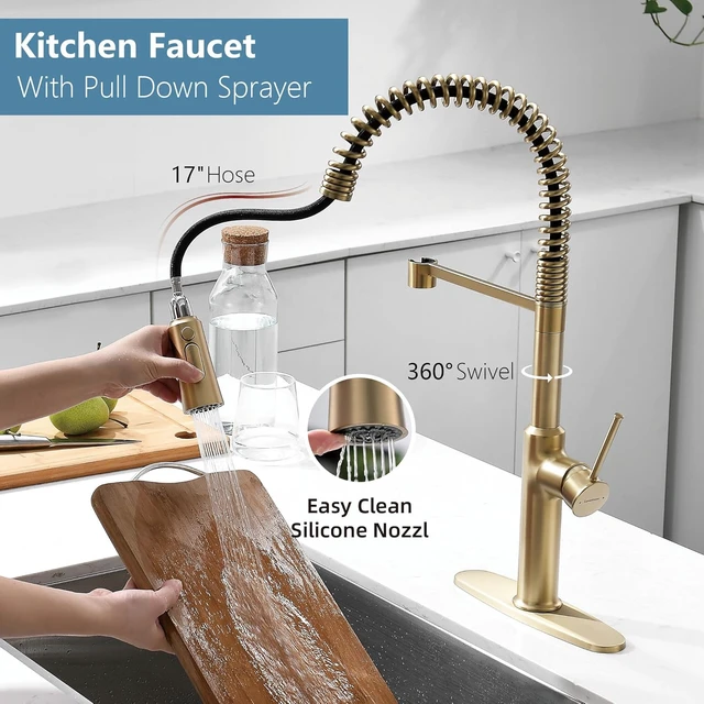 Alt view image 3 of 7 - 22 Extra-Tall Brushed Gold Kitchen Sink Faucets, Commercial High Arc Single Handle Kitchen Faucets for Pull Down Sprayer Farmhouse Spring with Deck Plate 22 inch