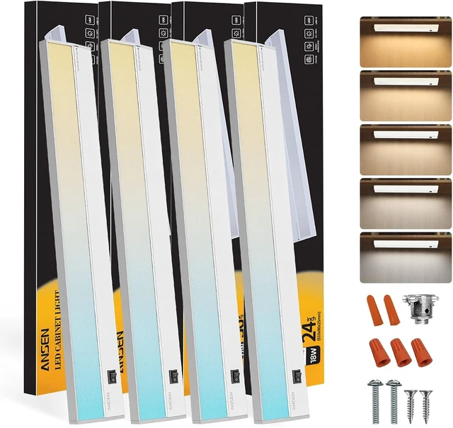 Main image of 4Packs of Under Cabinet Lighting Hardwired, 24IN 18W 1237LM, Dimmable Led Light for Kitchen/Bar/Closet, CRI>92, R9>90, 5 Color Temperature, 2700K-5000K(Warm White, Cool White, Daylight)