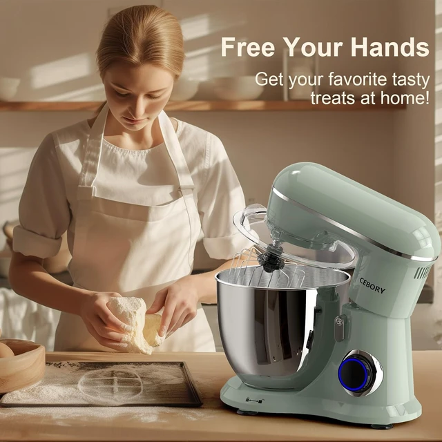 Alt view image 6 of 6 - 3-IN-1 Electric Stand Mixer, 6.5QT Bowl 660W 10-Speed Kitchen Mixer, Household Food Mixers include Dough Hook, Beater and Whisk, Bread Cake Mixer for Baking and Most Home Cooks, Green