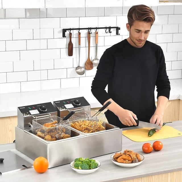 Alt view image 2 of 7 - Electric Deep Fryer 17.2L/18.2QT Stainless Steel Dual Tank Commercial Fryer with Basket, 3400W 110V Countertop Deep Fryer for Home Kitchen and Restaurant Use with Oil Thermometer & Temperature Control