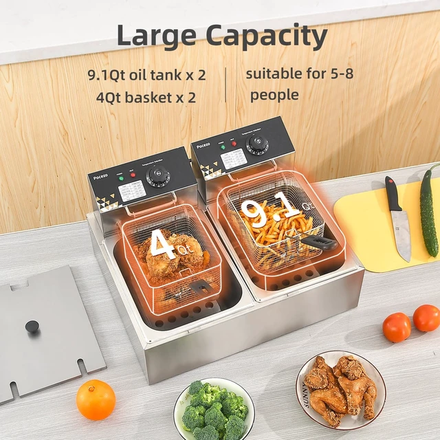 Alt view image 3 of 7 - Electric Deep Fryer 17.2L/18.2QT Stainless Steel Dual Tank Commercial Fryer with Basket, 3400W 110V Countertop Deep Fryer for Home Kitchen and Restaurant Use with Oil Thermometer & Temperature Control