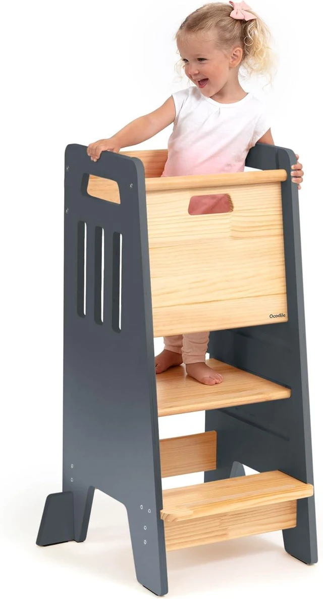 Main image of Toddler Tower with Sliding Door - 3 Adjustable Heights - 2026 Design Gray