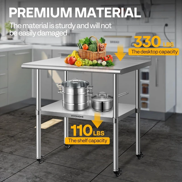 Alt view image 2 of 7 - 24 x 36 Inch Stainless Steel Work Table with Backsplash and Wheels