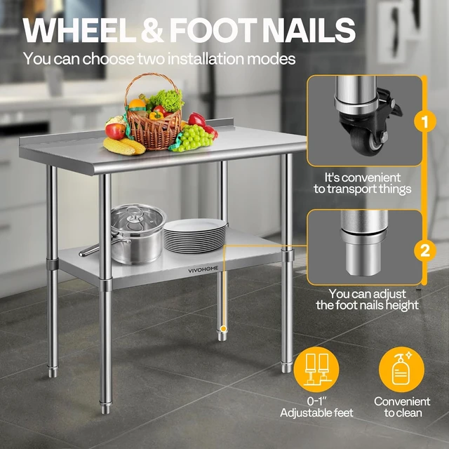 Alt view image 4 of 7 - 24 x 36 Inch Stainless Steel Work Table with Backsplash and Wheels