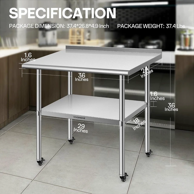 Alt view image 6 of 7 - 24 x 36 Inch Stainless Steel Work Table with Backsplash and Wheels