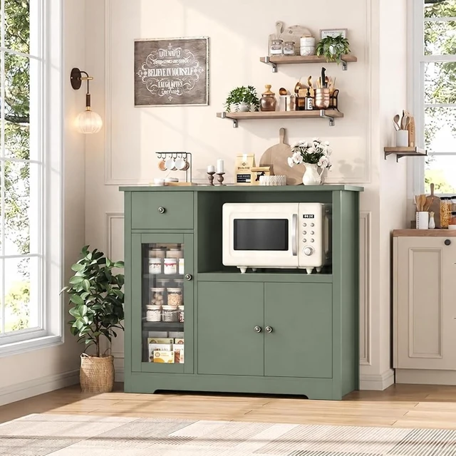 Alt view image 2 of 7 - Microwave Cabinet, Kitchen Storage Cabinet, Microwave Stand, Green