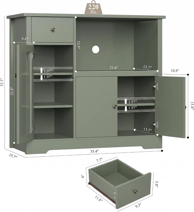 Alt view image 3 of 7 - Microwave Cabinet, Kitchen Storage Cabinet, Microwave Stand, Green