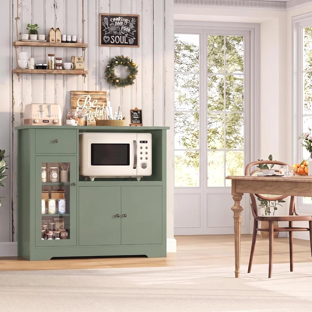 Alt view image 4 of 7 - Microwave Cabinet, Kitchen Storage Cabinet, Microwave Stand, Green