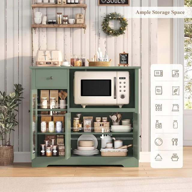 Alt view image 6 of 7 - Microwave Cabinet, Kitchen Storage Cabinet, Microwave Stand, Green