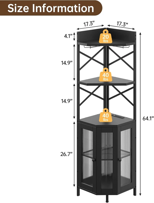 Alt view image 2 of 7 - Corner Bar Cabinet with Power Outlet, 5-Tier Corner Wine Cabinet with Led Strip and Glass Holder, Industrial Tall Liquor Cabinet Bar Wine Rack for HomeBlack
