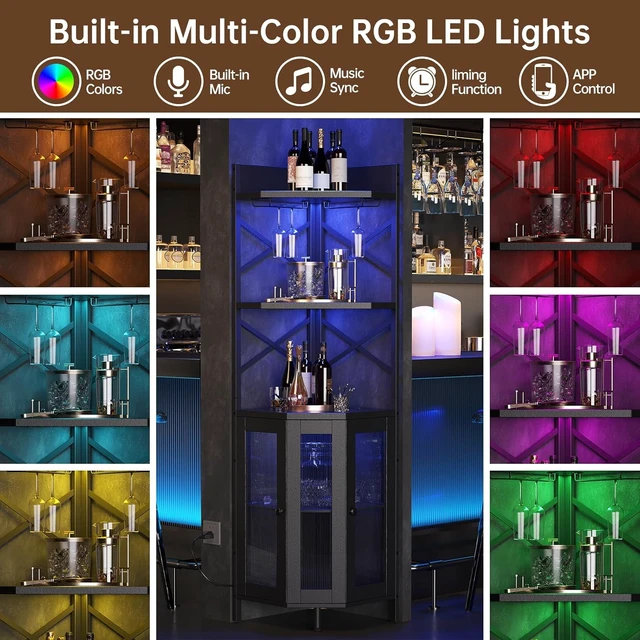 Alt view image 3 of 7 - Corner Bar Cabinet with Power Outlet, 5-Tier Corner Wine Cabinet with Led Strip and Glass Holder, Industrial Tall Liquor Cabinet Bar Wine Rack for HomeBlack