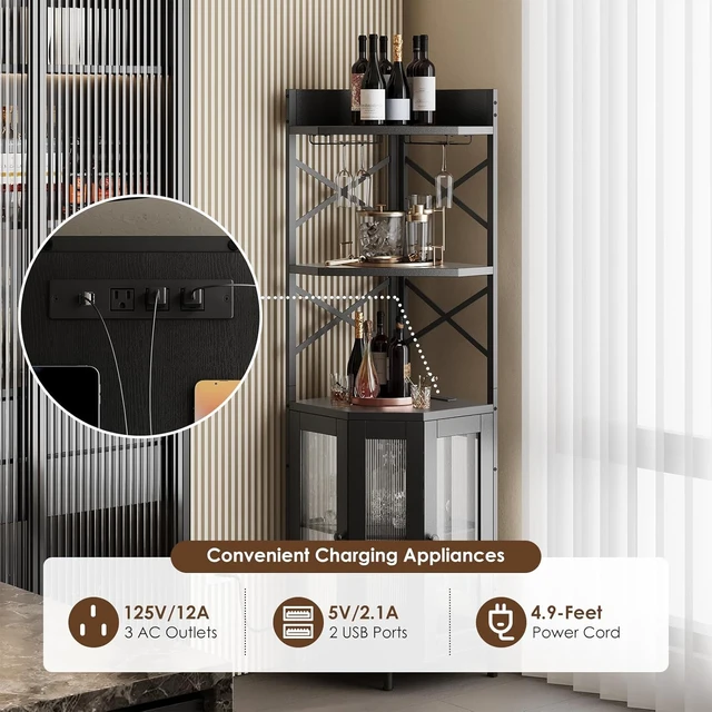 Alt view image 4 of 7 - Corner Bar Cabinet with Power Outlet, 5-Tier Corner Wine Cabinet with Led Strip and Glass Holder, Industrial Tall Liquor Cabinet Bar Wine Rack for HomeBlack