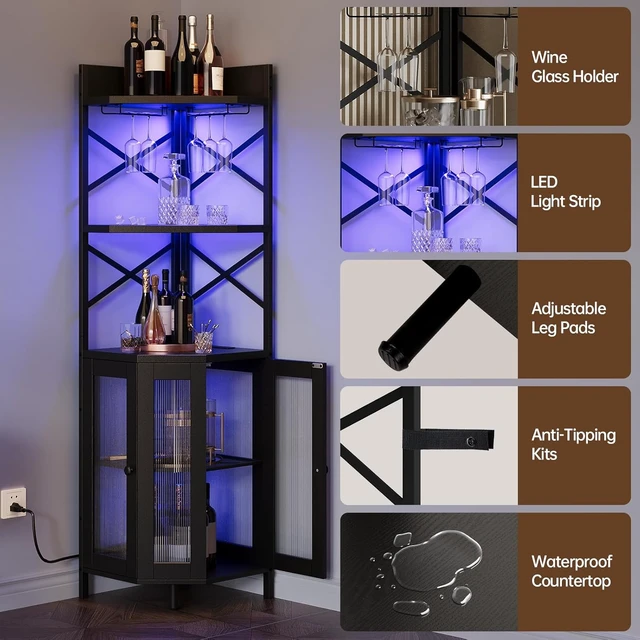 Alt view image 5 of 7 - Corner Bar Cabinet with Power Outlet, 5-Tier Corner Wine Cabinet with Led Strip and Glass Holder, Industrial Tall Liquor Cabinet Bar Wine Rack for HomeBlack