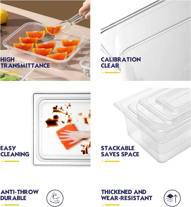 Alt view image 6 of 7 - 6 Pack Full Size 4'' Deep NSF Polycarbonate Food Pans with Lids
