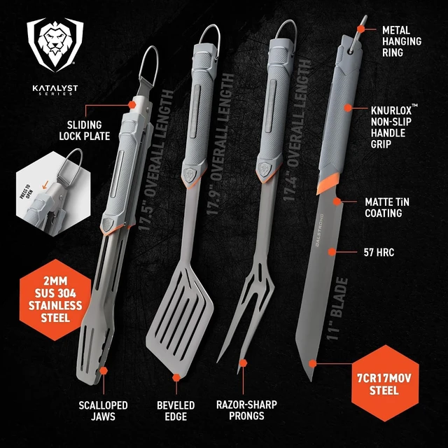 Alt view image 6 of 7 - 4-Pc BBQ Grill Tool Set - Knife, Fork, Spatula & Locking Tongs