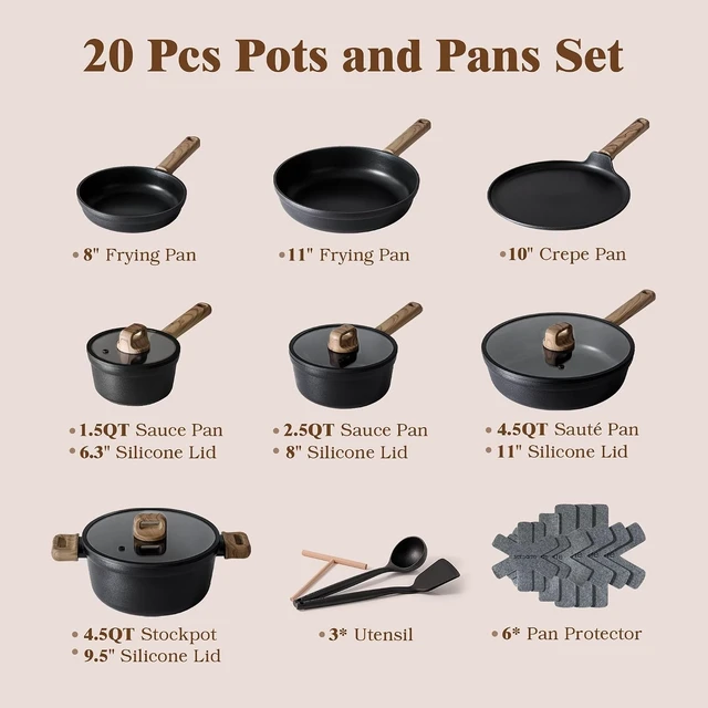 Alt view image 2 of 7 - 20Pcs Nonstick Pots and Pans Set, Black Titanium Cookware Set