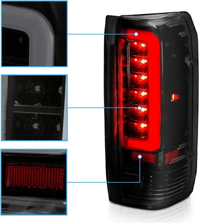 Alt view image 4 of 7 - Truck 3D C-Type Halogen, Led, Tube Dark Smoke Replacement Tail Light Set For 1989-1996 Ford F150 Bronco F250 F350 - Passenger and Driver Side, Vehicle Light Assembly, Black