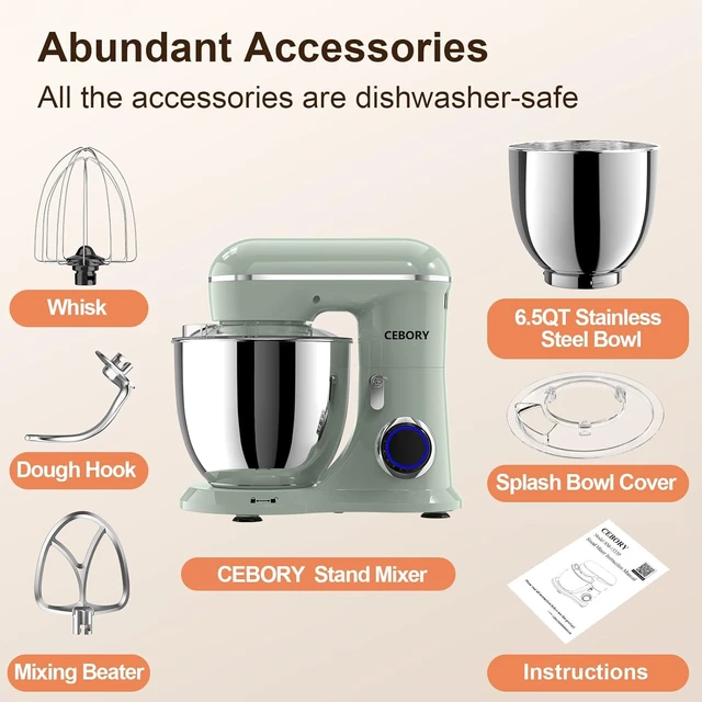 Alt view image 2 of 6 - 3-IN-1 Electric Stand Mixer, 6.5QT Bowl 660W 10-Speed Kitchen Mixer, Household Food Mixers include Dough Hook, Beater and Whisk, Bread Cake Mixer for Baking and Most Home Cooks, Green