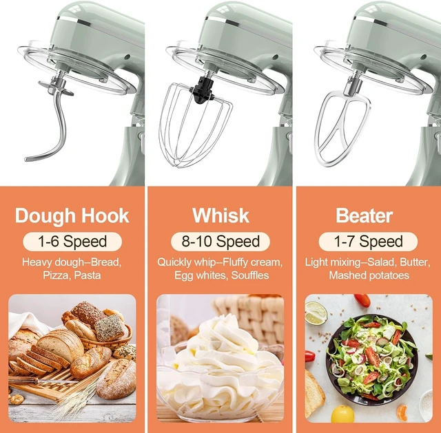 Alt view image 3 of 6 - 3-IN-1 Electric Stand Mixer, 6.5QT Bowl 660W 10-Speed Kitchen Mixer, Household Food Mixers include Dough Hook, Beater and Whisk, Bread Cake Mixer for Baking and Most Home Cooks, Green