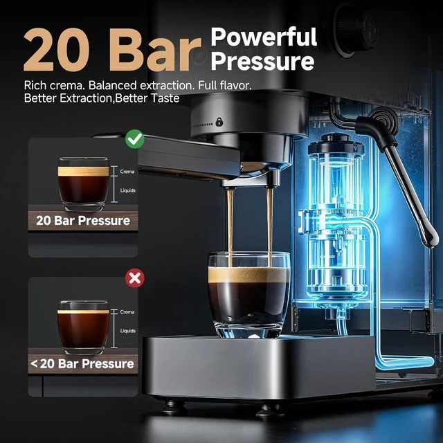Alt view image 2 of 7 - Compact Espresso Machine, 20 Bar, Milk Frother, Latte & Cappuccino